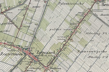 <p>Topografische kaart uit omstreeks 1900 met de lintbebouwing aan de Zegwaartseweg ten noordoosten van de kernen Zoetermeer en Zegwaart (www.topotijdreis). </p>
